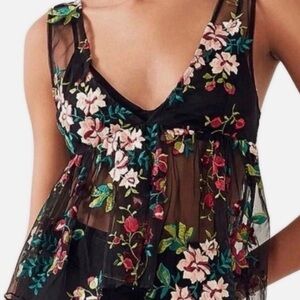 Ecote Sheer Embroidered Floral Tank Top Black Mesh Boho Festival Size S